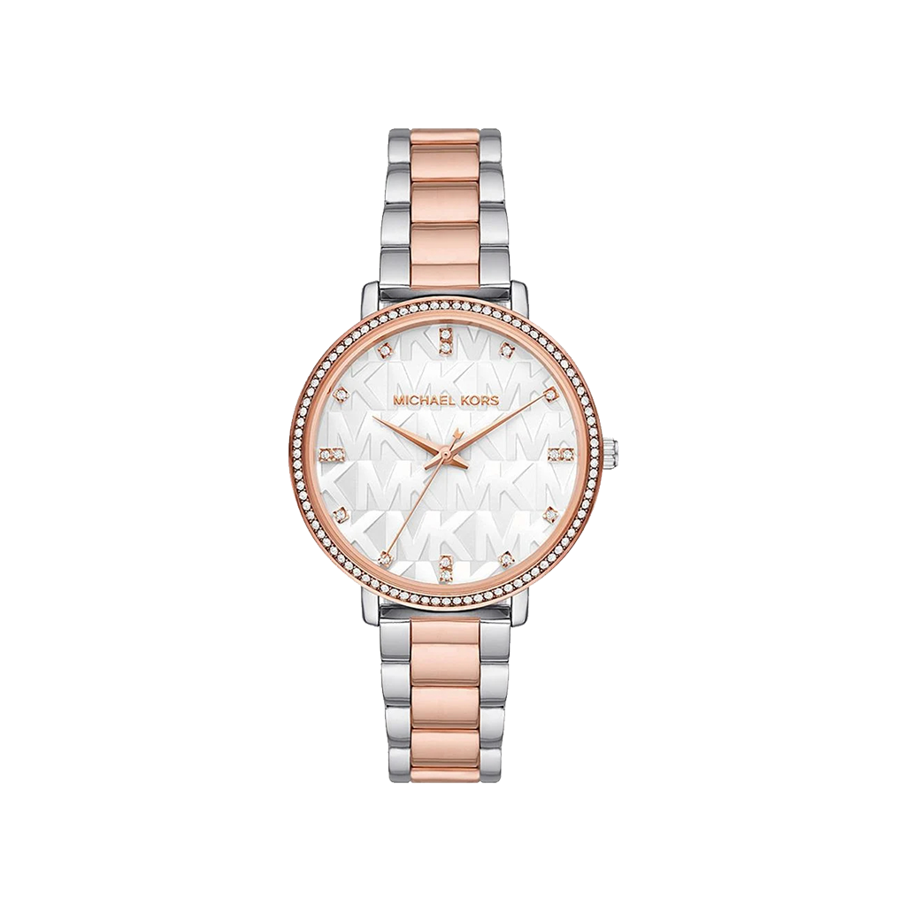 Relógio Michael Kors Pyper Pavé prateado e rosa dourado, caixa rosa dourada e com logotipo no mostrador branco