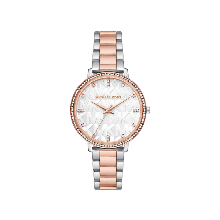 Relógio Michael Kors Pyper Pavé prateado e rosa dourado, caixa rosa dourada e com logotipo no mostrador branco