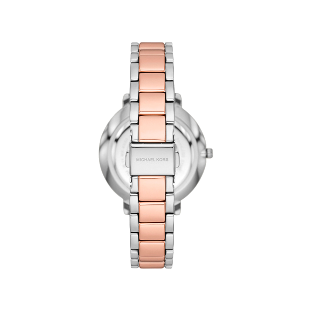 Bracelete do Relógio Michael Kors Pyper Pavé prateado e rosa dourado, caixa rosa dourada e com logotipo no mostrador branco