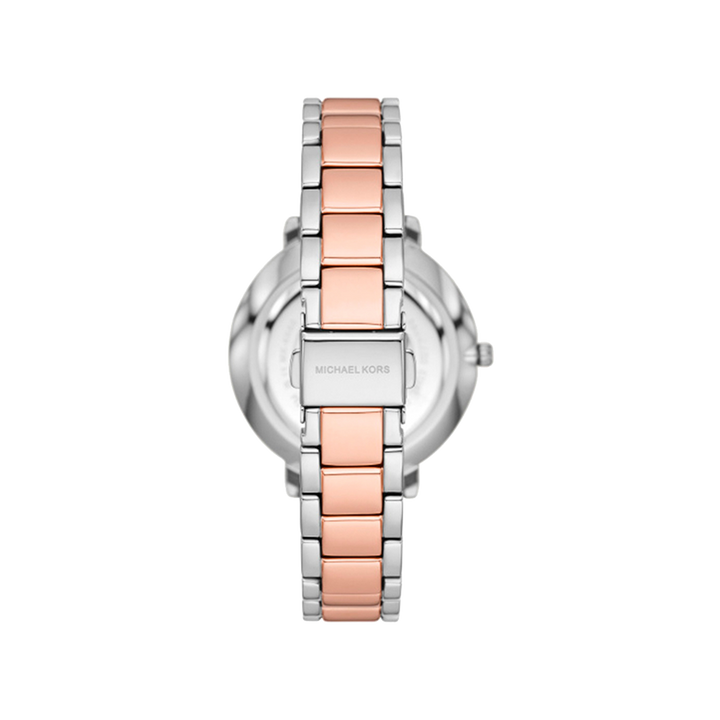 Bracelete do Relógio Michael Kors Pyper Pavé prateado e rosa dourado, caixa rosa dourada e com logotipo no mostrador branco