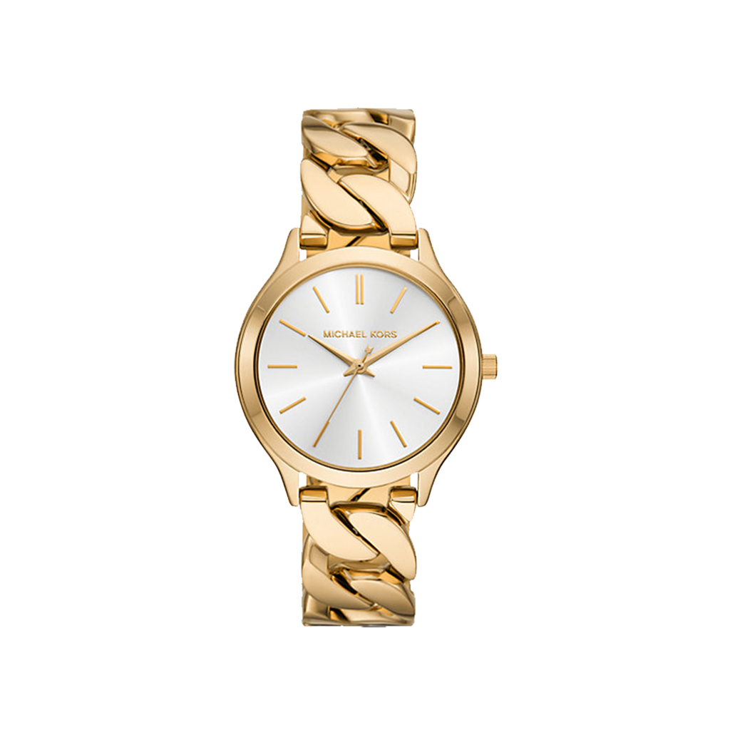 Relógico Michael Kors Slim Runway dourado com mostrador branco