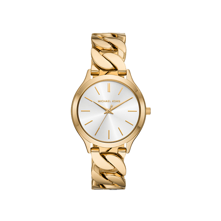 Relógico Michael Kors Slim Runway dourado com mostrador branco