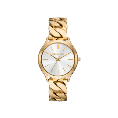 Relógico Michael Kors Slim Runway dourado com mostrador branco