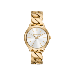 Relógico Michael Kors Slim Runway dourado com mostrador branco