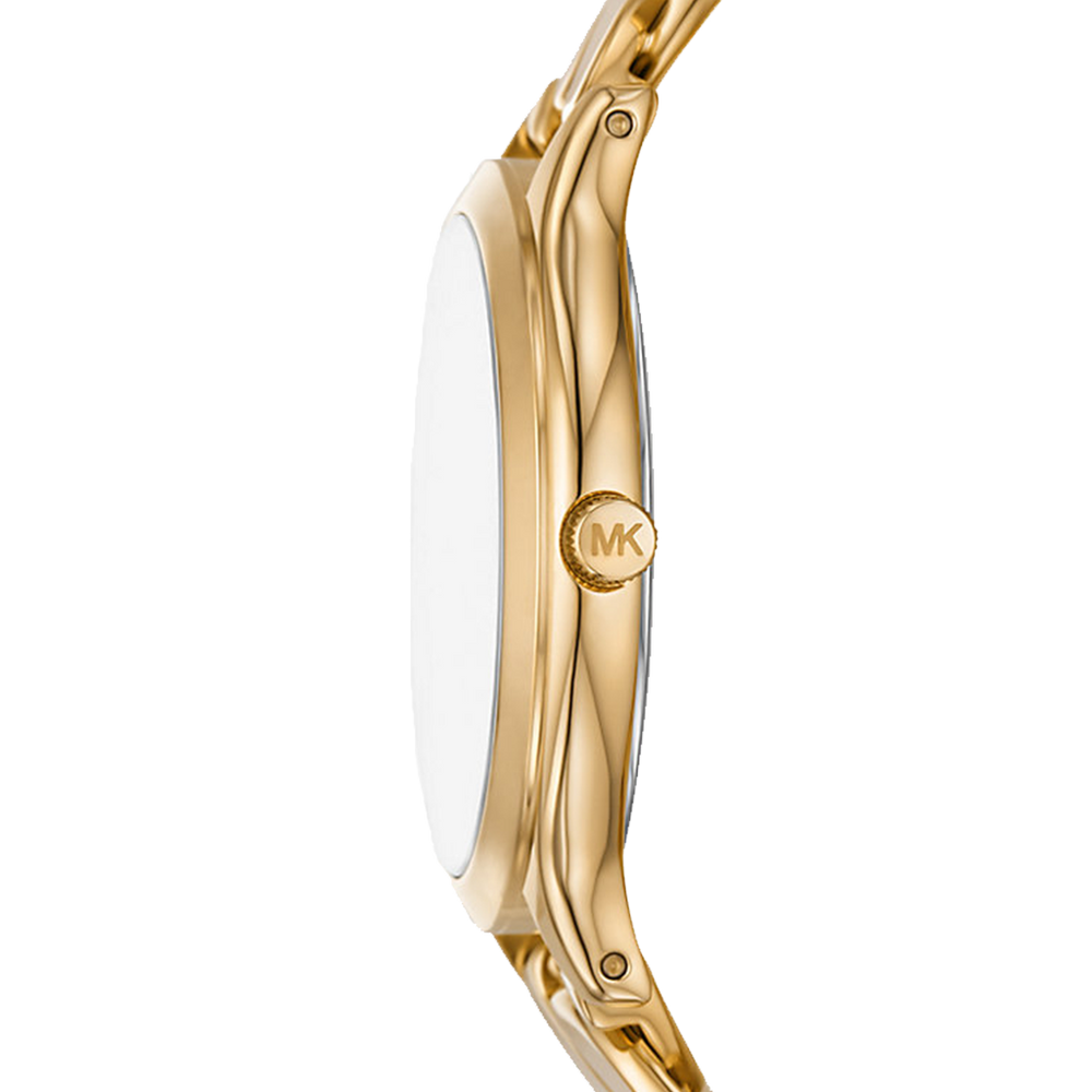 Vista lateral do Relógico Michael Kors Slim Runway dourado com mostrador branco