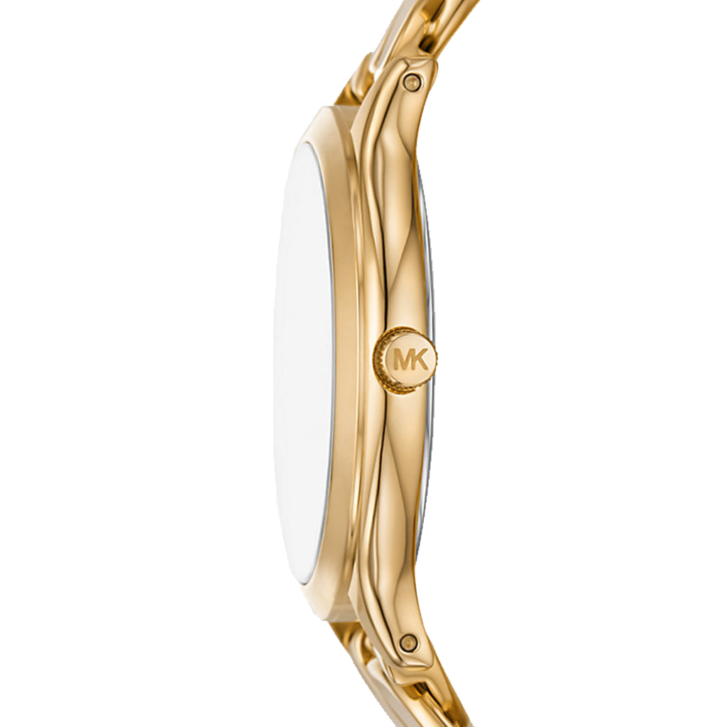 Vista lateral do Relógico Michael Kors Slim Runway dourado com mostrador branco