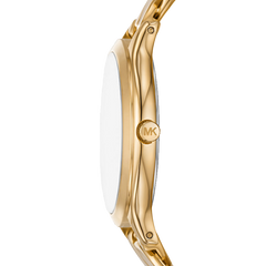 Vista lateral do Relógico Michael Kors Slim Runway dourado com mostrador branco