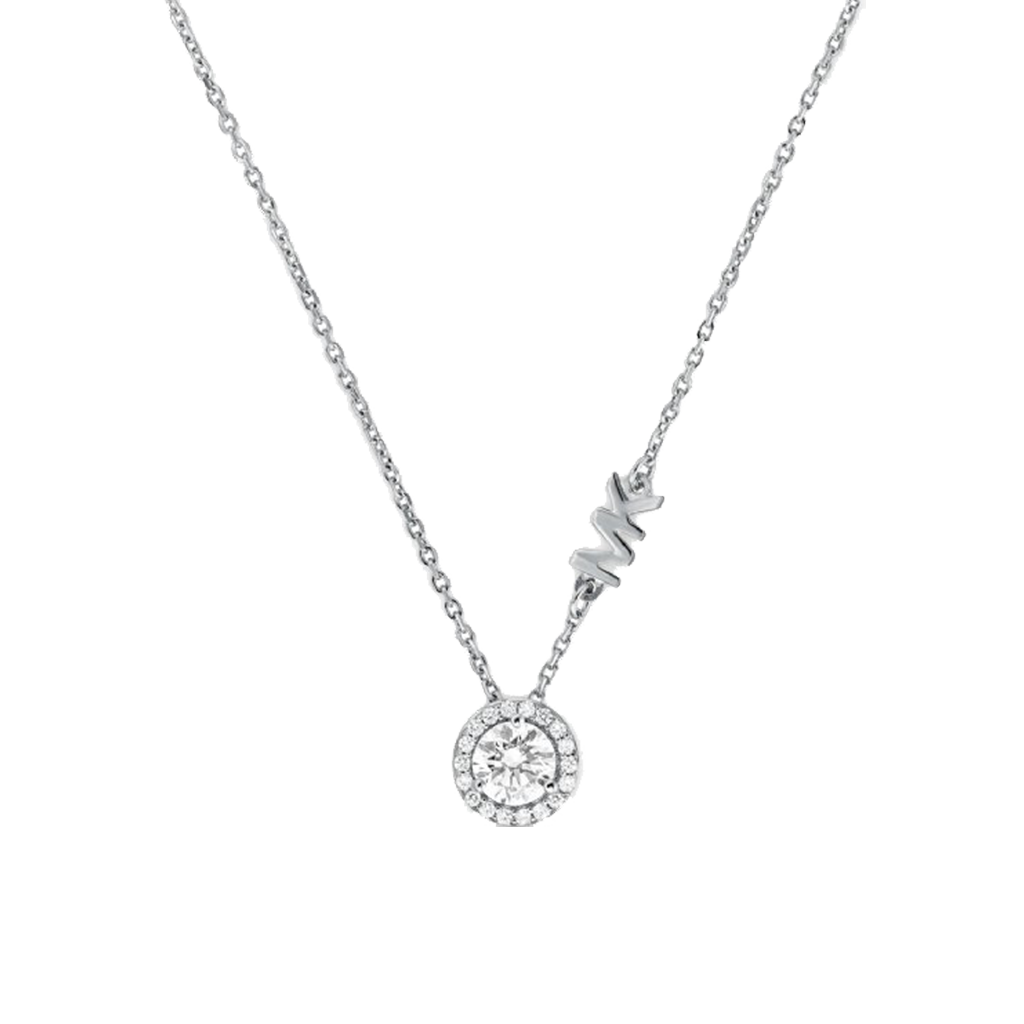 colar de prata banhado a ródio com zircónias da Michael Kors. O colar apresenta uma corrente delicada com um pingente circular incrustado com várias pequenas pedras de zircónia, criando um efeito cintilante. Acima do pingente, as iniciais da marca Michael Kors ‘MK’ estão integradas ao design em uma fonte estilizada, também adornada com pedras de zircónia para combinar com o pingente.