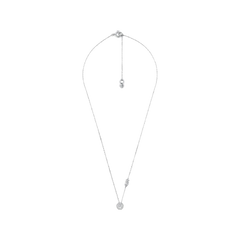  colar Michael Kors banhado a ródio e adornado com pedras de zircónia. O colar apresenta uma corrente delicada com um fecho ajustável, e no centro, há um pingente circular incrustado com pequenas pedras de zircónia cintilantes. O design é elegante e minimalista, tornando-o versátil para várias ocasiões.