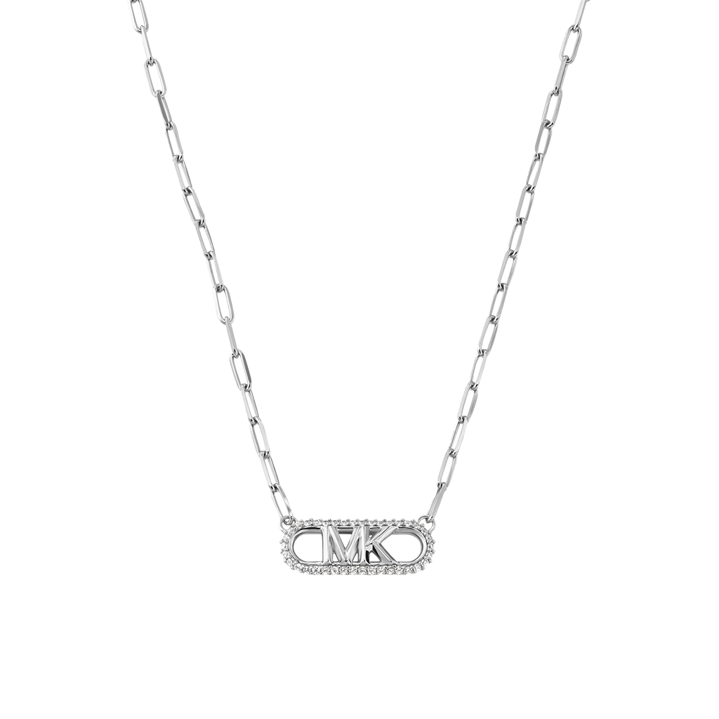 Colar de prata banhada a ródio com um pendente apresentando as iniciais ‘MKO’ cravejadas de pequenas pedras brilhantes. A corrente do colar tem elos uniformes que refletem a luz, realçando o brilho e a elegância da joia.