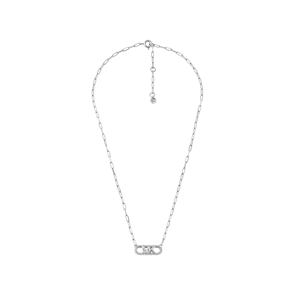 Colar de prata banhada a ródio com um pendente retangular cravejado de pequenas zircónias. A corrente é delicada, com elos pequenos e redondos, e possui um fecho ajustável. O pendente central brilha com várias zircónias que captam a luz, conferindo um visual elegante e sofisticado.