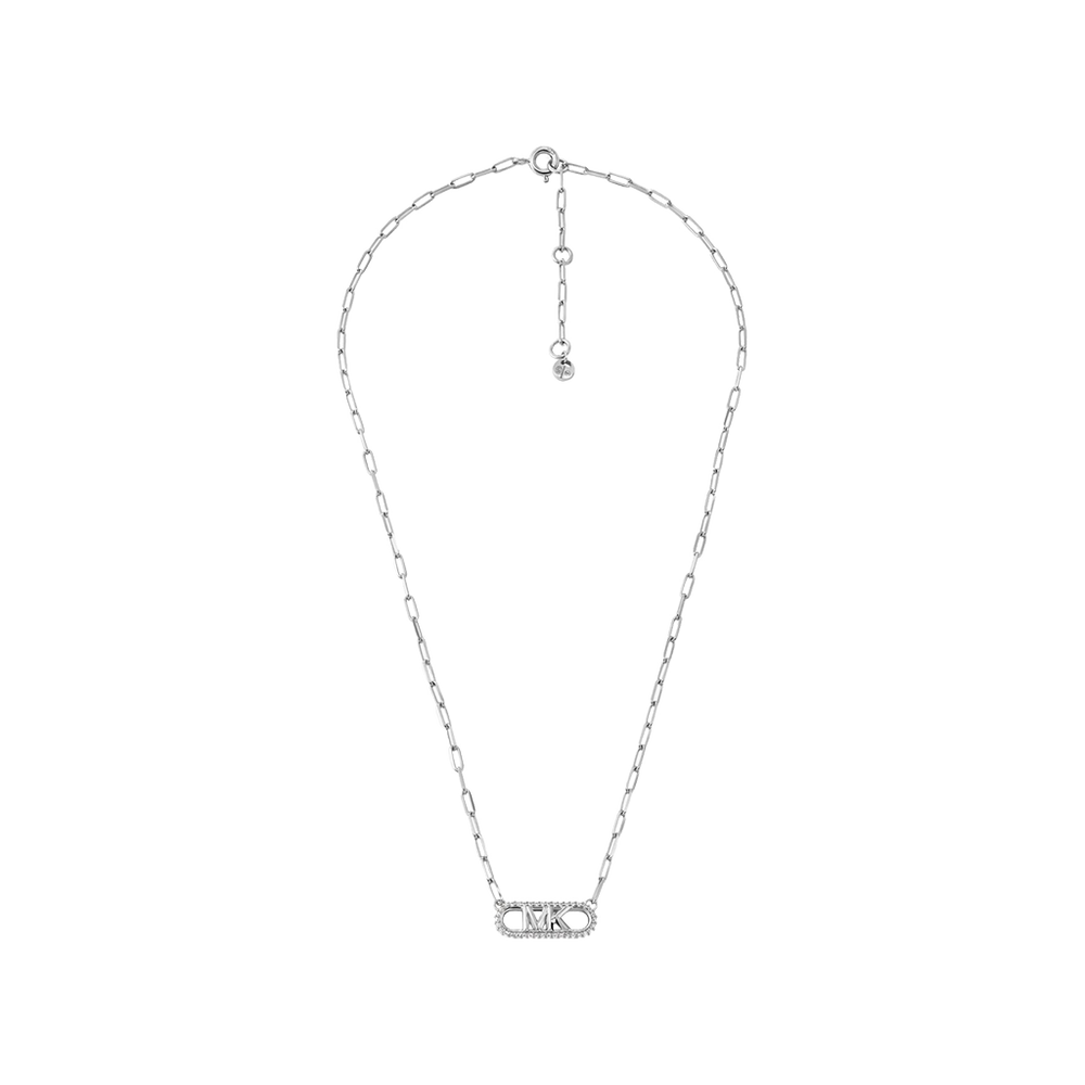 Colar de prata banhada a ródio com um pendente retangular cravejado de pequenas zircónias. A corrente é delicada, com elos pequenos e redondos, e possui um fecho ajustável. O pendente central brilha com várias zircónias que captam a luz, conferindo um visual elegante e sofisticado.