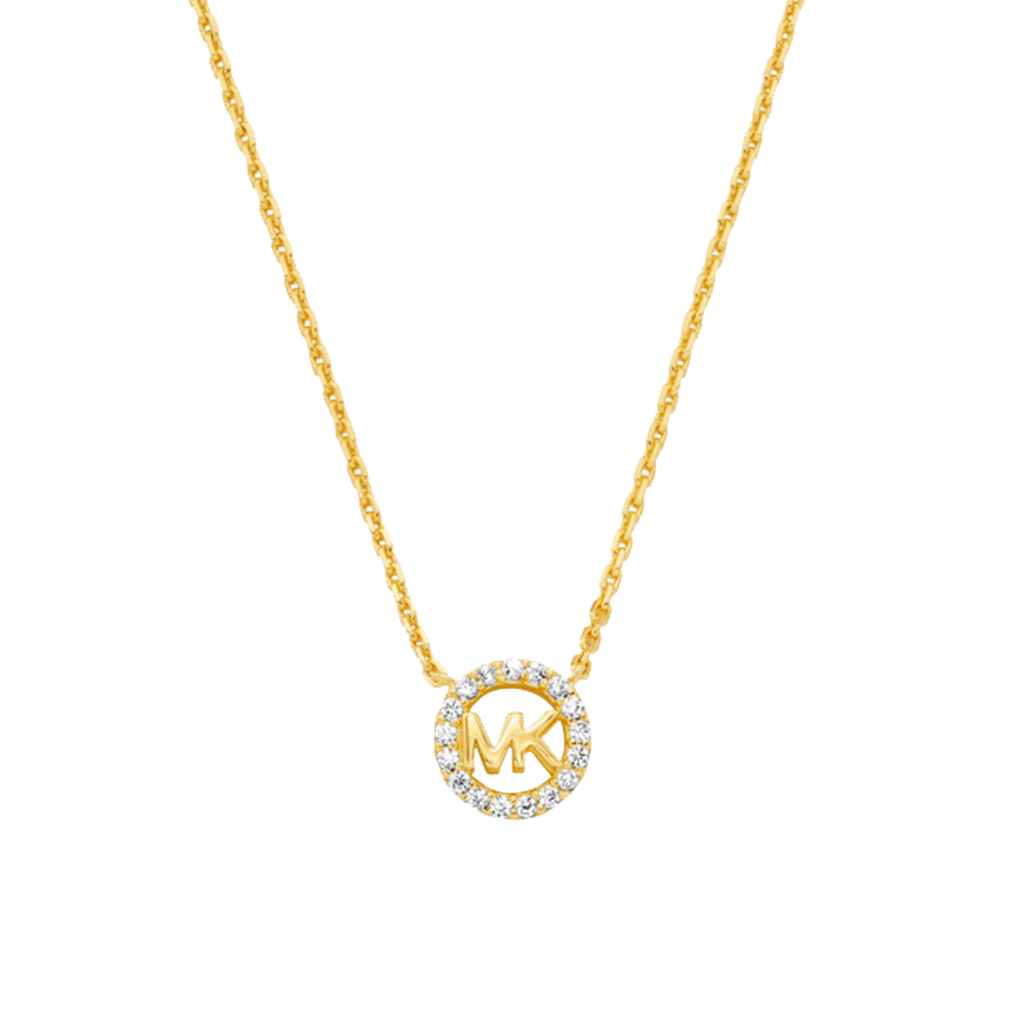 Colar de prata banhada a ouro com um pingente circular, apresentando as iniciais ‘MK’ no centro, rodeadas por pequenas zircónias que adicionam brilho e elegância.