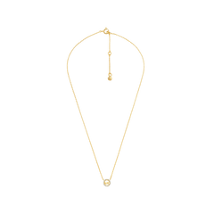 “Colar de prata banhada a ouro com pedras de zircónia. O colar apresenta uma corrente delicada com um pingente circular central incrustado com pequenas e brilhantes pedras de zircónia. Um fecho ajustável e um charm de zircónia pendurado na parte de trás adicionam elegância ao design.