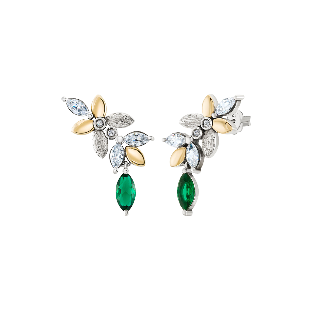 Brincos TASHI Amazonia II prateado, com folhas douradas, zircónias brancas e verdes