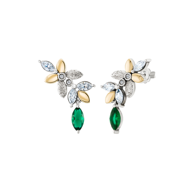 Brincos TASHI Amazonia II prateado, com folhas douradas, zircónias brancas e verdes