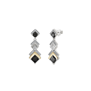 Brincos TASHI Marrakech V prateado, em formato chuva com zircónias brancas, duas pedras ónix e detalhes dourados