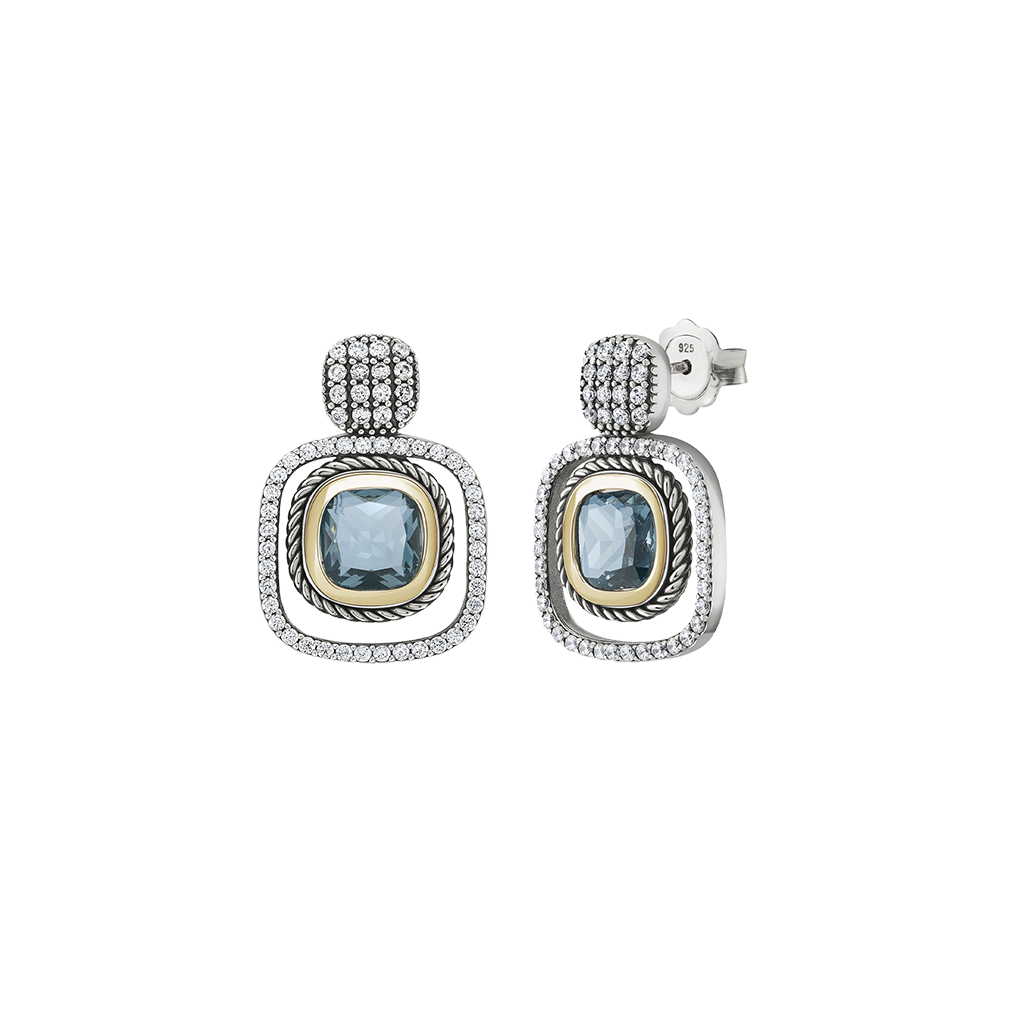 Brincos TASHI London Blue I prateado com rebordo quadrado de zircónias brancas e centro circular decorado com zircónia azul, detalhe dourado e rebordo cruzado 