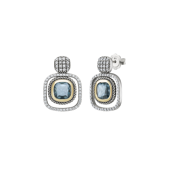 Brincos TASHI London Blue I prateado com rebordo quadrado de zircónias brancas e centro circular decorado com zircónia azul, detalhe dourado e rebordo cruzado 