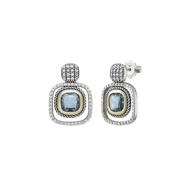 Brincos TASHI London Blue I prateado com rebordo quadrado de zircónias brancas e centro circular decorado com zircónia azul, detalhe dourado e rebordo cruzado 