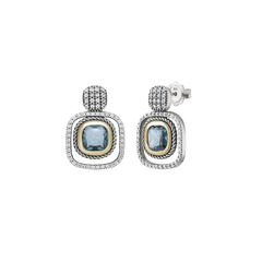 Brincos TASHI London Blue I prateado com rebordo quadrado de zircónias brancas e centro circular decorado com zircónia azul, detalhe dourado e rebordo cruzado 