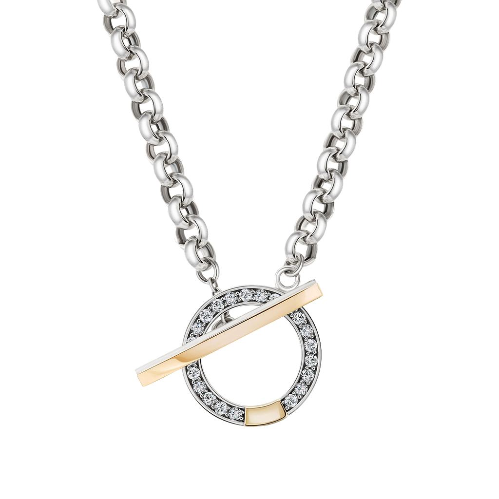 Colar TASHI Memória com círculo coberto por zircónias brancas, pequeno detalhe dourado e barra dourada que serve de fecho