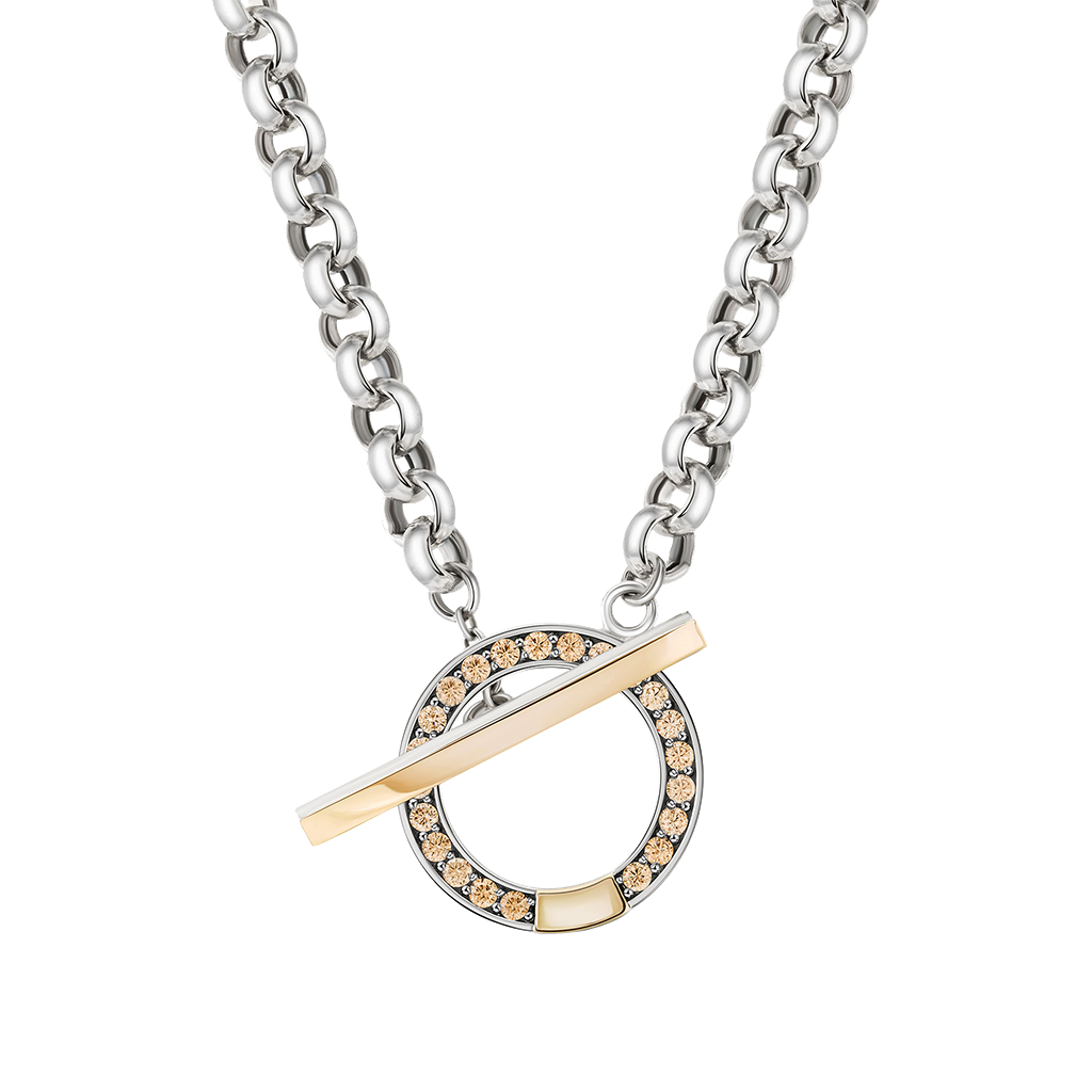 Colar TASHI Memória com círculo coberto por zircónias champanhe, pequeno detalhe dourado e barra dourada que serve de fecho