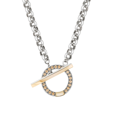 Colar TASHI Memória com círculo coberto por zircónias champanhe, pequeno detalhe dourado e barra dourada que serve de fecho