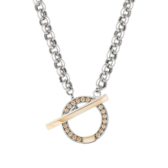 Colar TASHI Memória com círculo coberto por zircónias champanhe, pequeno detalhe dourado e barra dourada que serve de fecho