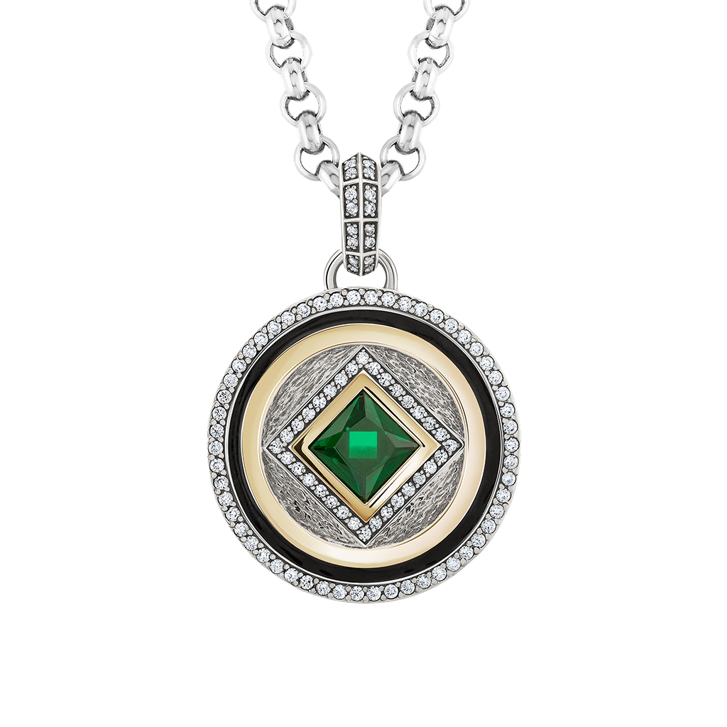 Pendente TASHI Marrakech VI prateado, com zircónias brancas, zircónia grande verde e detalhes dourados e pretos