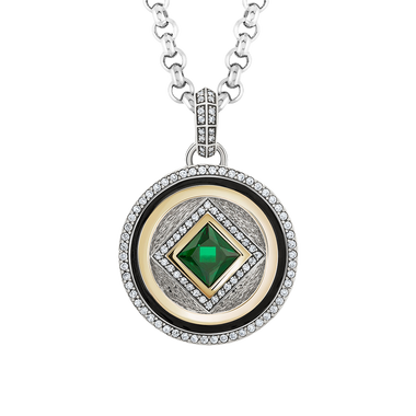 Pendente TASHI Marrakech VI prateado, com zircónias brancas, zircónia grande verde e detalhes dourados e pretos