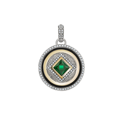 Pendente TASHI Marrakech VI prateado, com zircónias brancas, zircónia grande verde e detalhes dourados e pretos