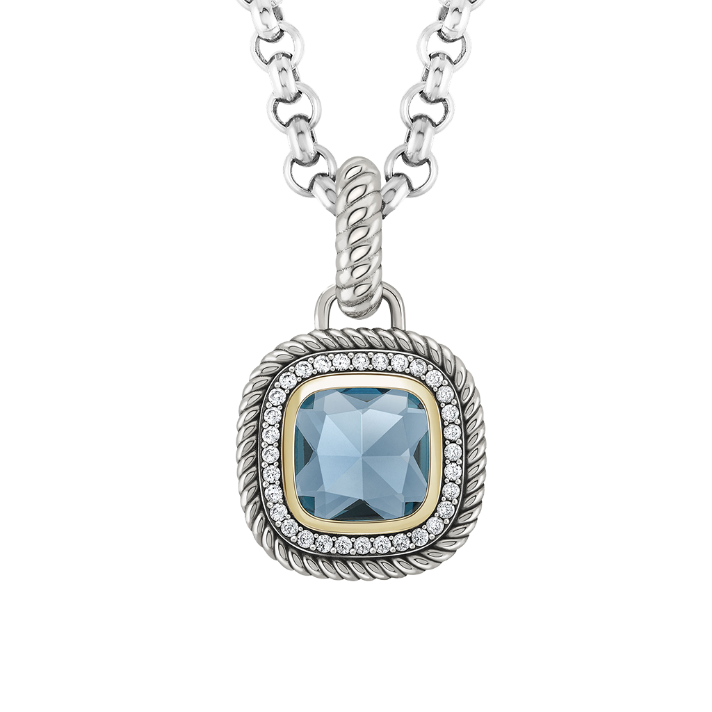 Pendente TASHI London Blue I prateado, com zircónias brancas, zircónia grande azul, detalhe dourado e rebordo cruzado