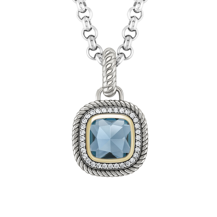 Pendente TASHI London Blue I prateado, com zircónias brancas, zircónia grande azul, detalhe dourado e rebordo cruzado
