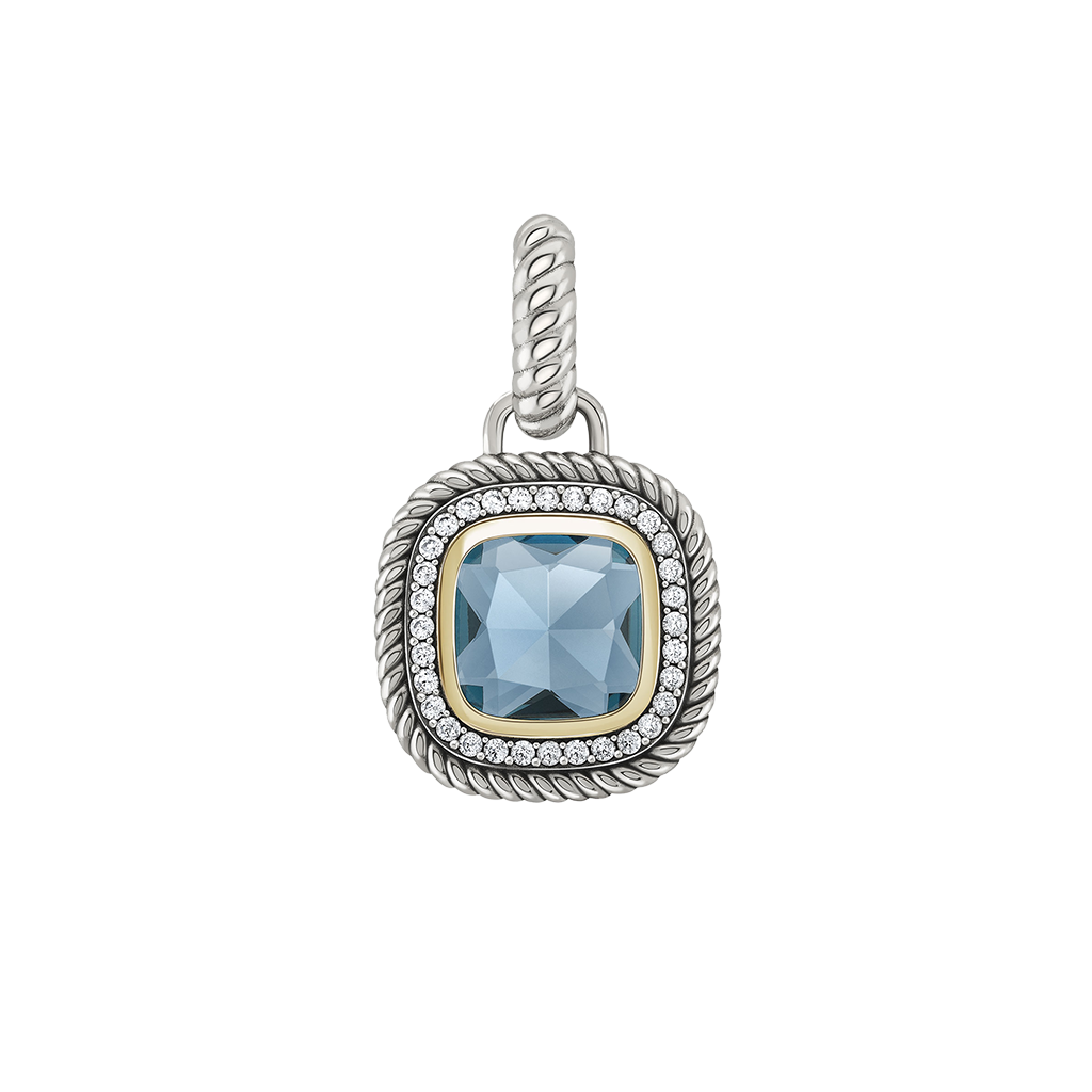 Pendente TASHI London Blue I prateado, com zircónias brancas, zircónia grande azul, detalhe dourado e rebordo cruzado