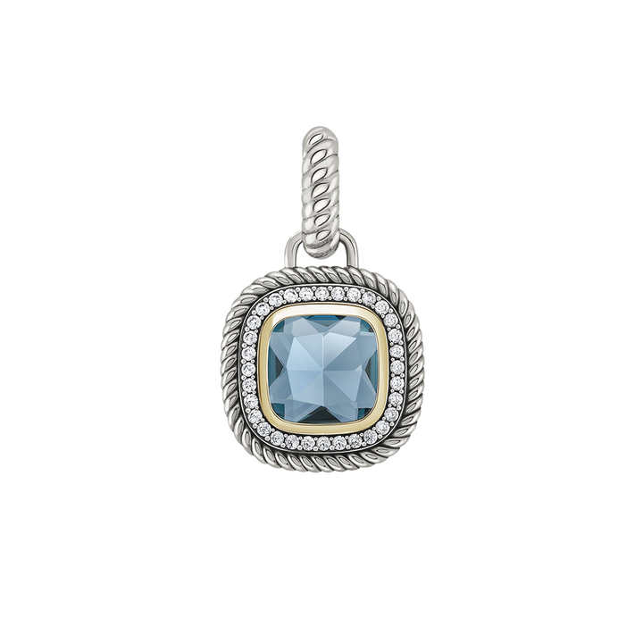 Pendente TASHI London Blue I prateado, com zircónias brancas, zircónia grande azul, detalhe dourado e rebordo cruzado