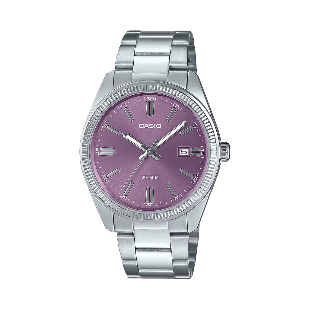 Relógio Timeless prateado com mostrador romano roxo