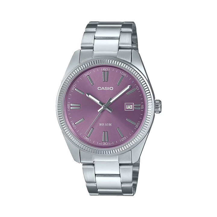 Relógio Timeless prateado com mostrador romano roxo