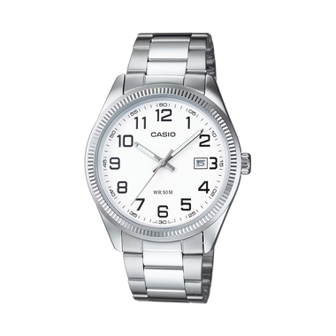 Relógio Timeless prateado com mostrador numérico branco