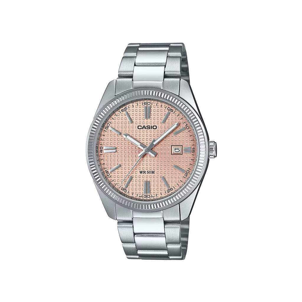 Relógio Casio Timeless Standard totalmente prateado com  dia do mês no mostrador texturizado salmão