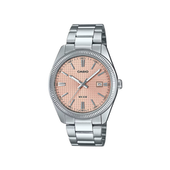 Relógio Casio Timeless Standard totalmente prateado com  dia do mês no mostrador texturizado salmão