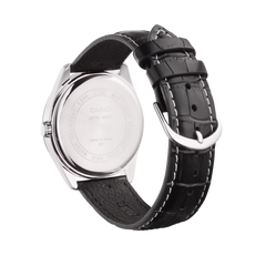 vista da tampa do relógio Casio Timeless com pulseira couro preta