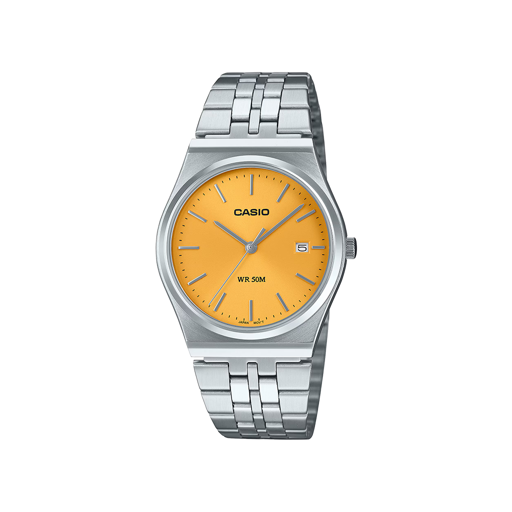 Relógio Casio Timeless Standard totalmente prateado com  dia do mês no mostrador laranja