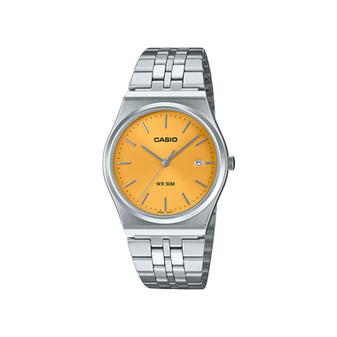 Relógio Casio Timeless Standard totalmente prateado com  dia do mês no mostrador laranja