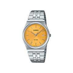 Relógio Casio Timeless Standard totalmente prateado com  dia do mês no mostrador laranja