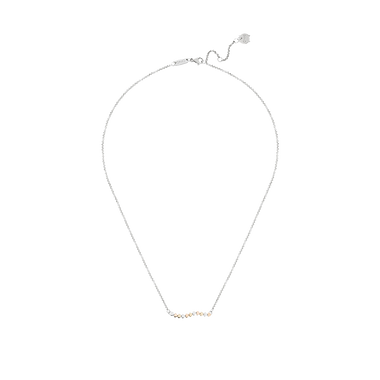 Colar delicado de aço inoxidável da ONE, com um design simples e elegante, apresentando pequenas esferas espaçadas uniformemente ao longo da parte inferior frontal. O colar possui uma corrente fina e um fecho na parte de trás para fixação. 