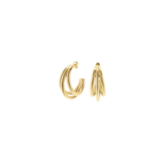 vista lateral e frontal dos brincos one luminous compostos por duas argolas douradas, de textura lisa, com diferentes tamanhos e entrelaçadas entre si o que confere aos brincos um aspecto tridimensional