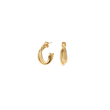 imagem lateral e frontal dos Brincos One Luminous Solid  compostos por argolas (half-hoops) de tamanho pequeno compostas por três tiras arredondadas entrelaçadas e unidas entre si desde o espigão até a sua terminação