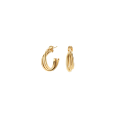 imagem lateral e frontal dos Brincos One Luminous Solid  compostos por argolas (half-hoops) de tamanho pequeno compostas por três tiras arredondadas entrelaçadas e unidas entre si desde o espigão até a sua terminação