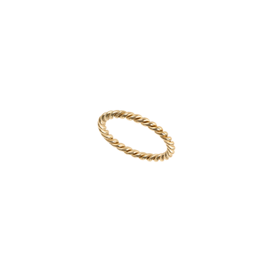 Imagem de um único anel de aço torcido com acabamento em tom de ouro, apresentando um design semelhante a uma corda com uma série de ranhuras e sulcos helicoidais que lhe dão uma aparência texturizada.